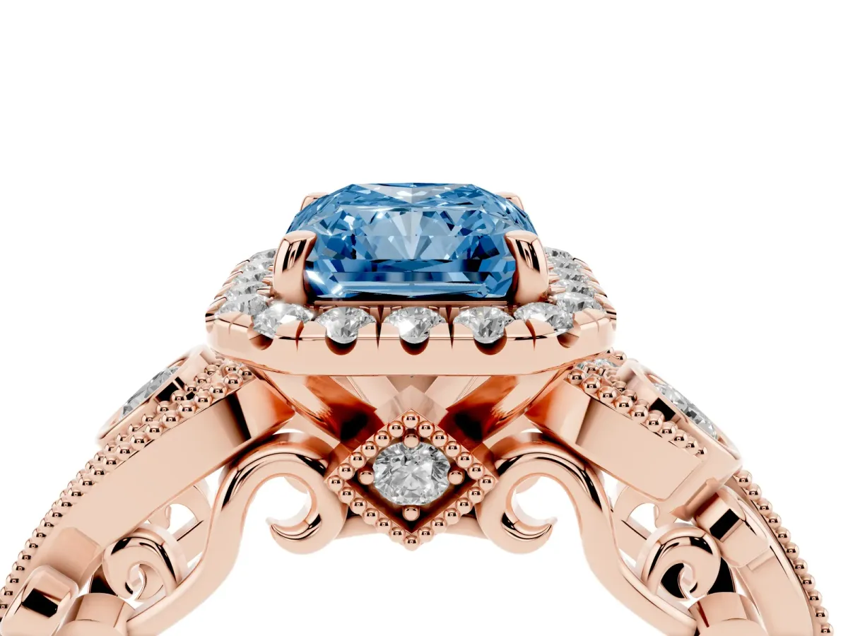 Fancy Blue Radiant Cut Halo Diamond Ring with Milgrain and Bezel Accents on a Split Shank Band Rose gold