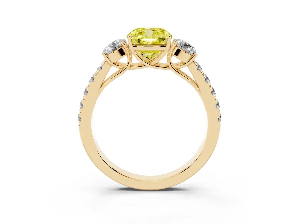 Fancy Yellow Cushion Cut Cut Diamond Three-Stone Ring with Round Side Stones and Pavé Band Yellow gold