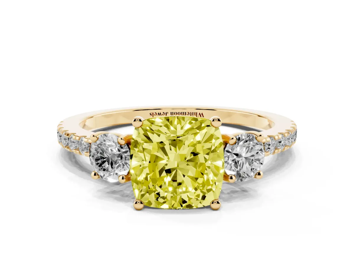 Fancy Yellow Three-Stone Cushion Cut Cut Diamond Pavé Band with Prong Setting Yellow gold
