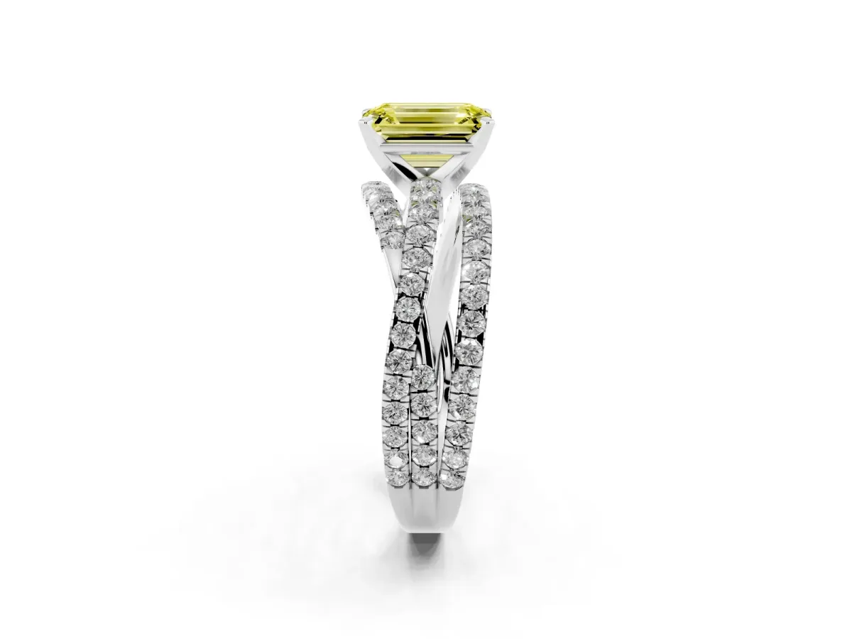 Fancy Yellow Emerald Cut Solitaire Twist Band with Pavé Setting and Four-Prong Setting Silver