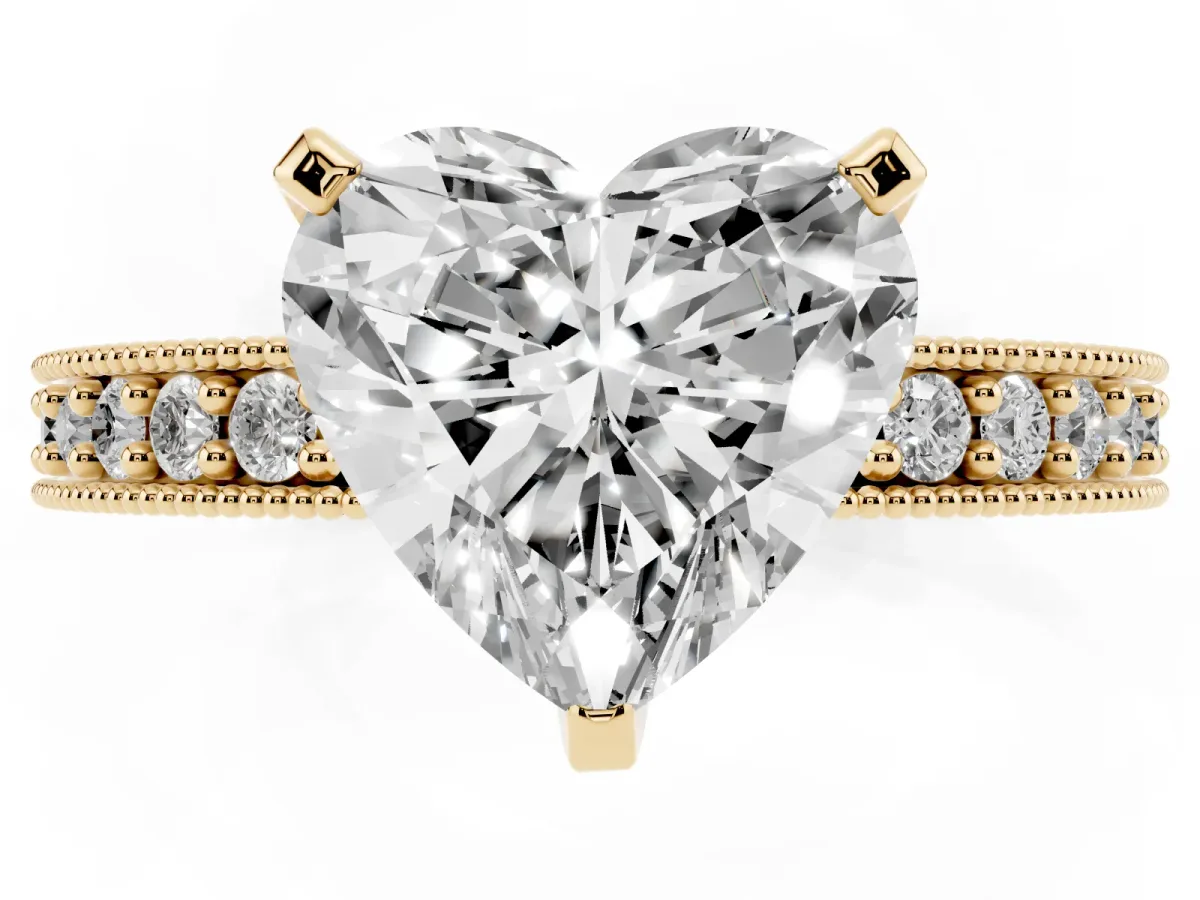 Heart Cut Diamond Milgrain Pavé Engagement Ring with Four-Prong Setting Yellow gold