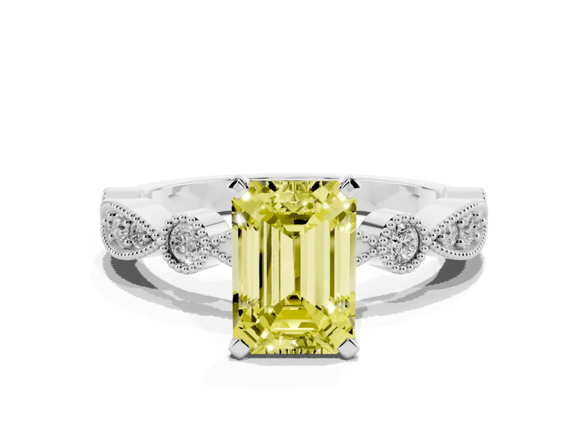 Fancy Yellow Emerald Cut Milgrain Bezel Diamond Engagement Ring with Solitaire Prong Setting Platinum