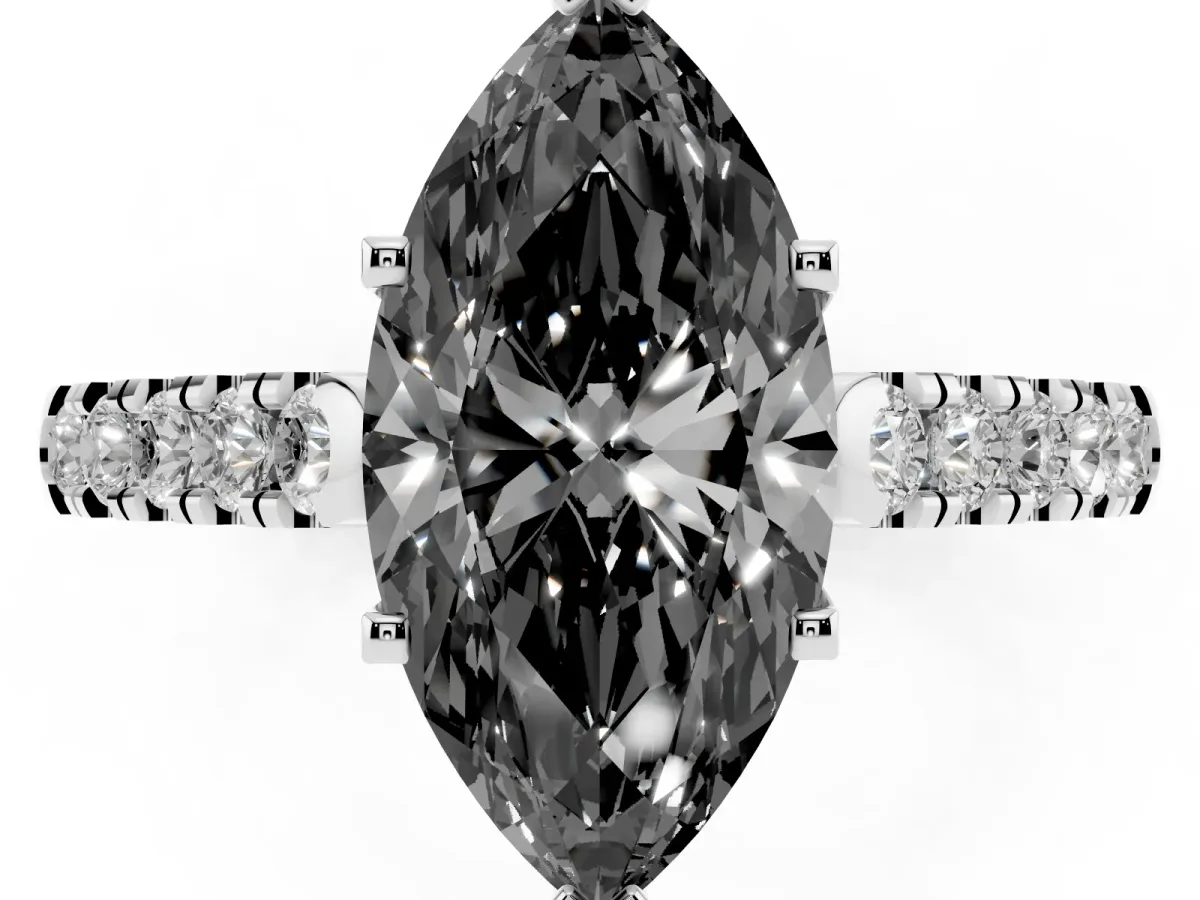 Fancy Black Marquise Cut Diamond Pavé Band Solitaire Ring with Prong Setting Silver