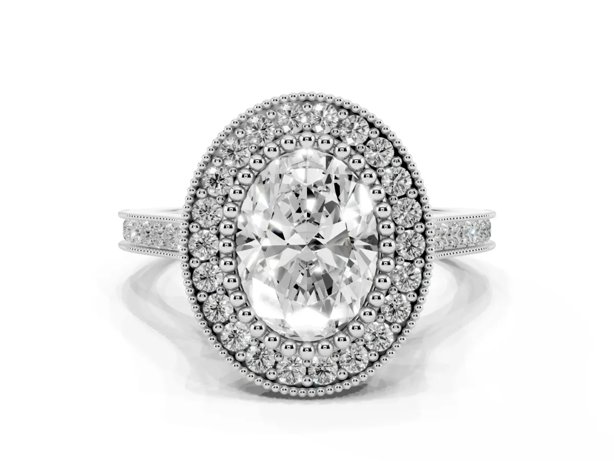 Oval Cut Diamond Halo Ring with Milgrain Frame and Pavé Band Silver
