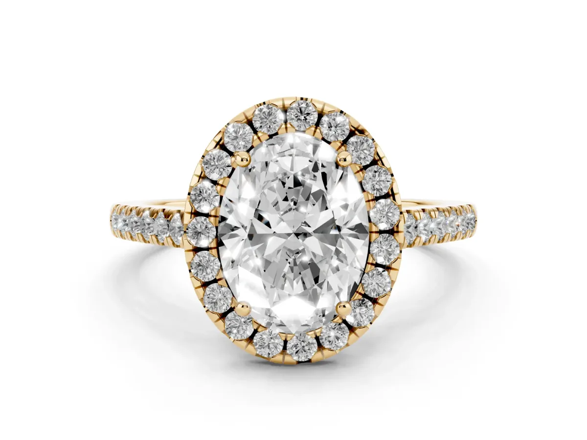 Oval Cut Halo Pavé Diamond Engagement Ring with Four-Prong Setting Yellow gold