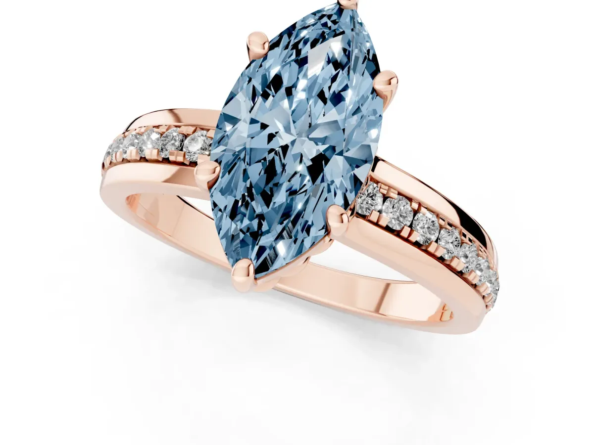 Fancy Blue Marquise Cut Solitaire Diamond Ring with Channel Set Band and Six-Prong Setting Rose gold