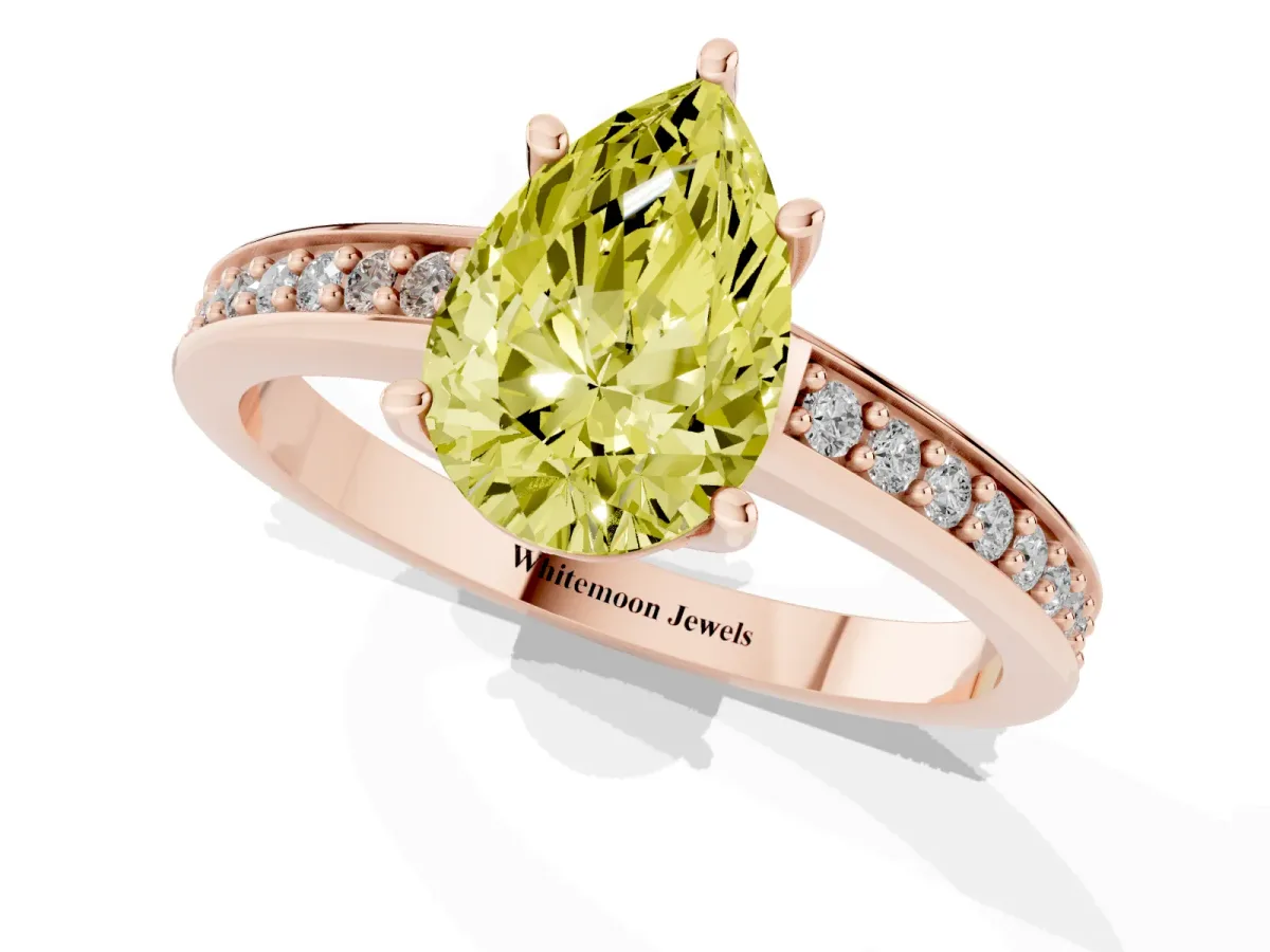 Fancy Yellow Pear Cut Solitaire Pavé Band Prong Setting Ring Rose gold
