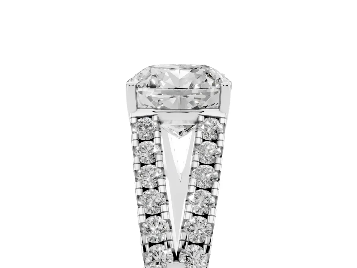 Cushion Cut Diamond Split Shank Pavé Engagement Ring with Four-Prong Setting Platinum