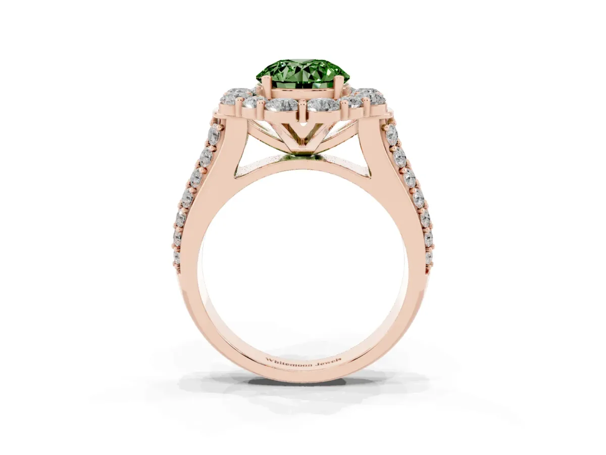 Fancy Green Round Cut Halo Diamond Engagement Ring with Split Shank and Prong Setting Rose gold