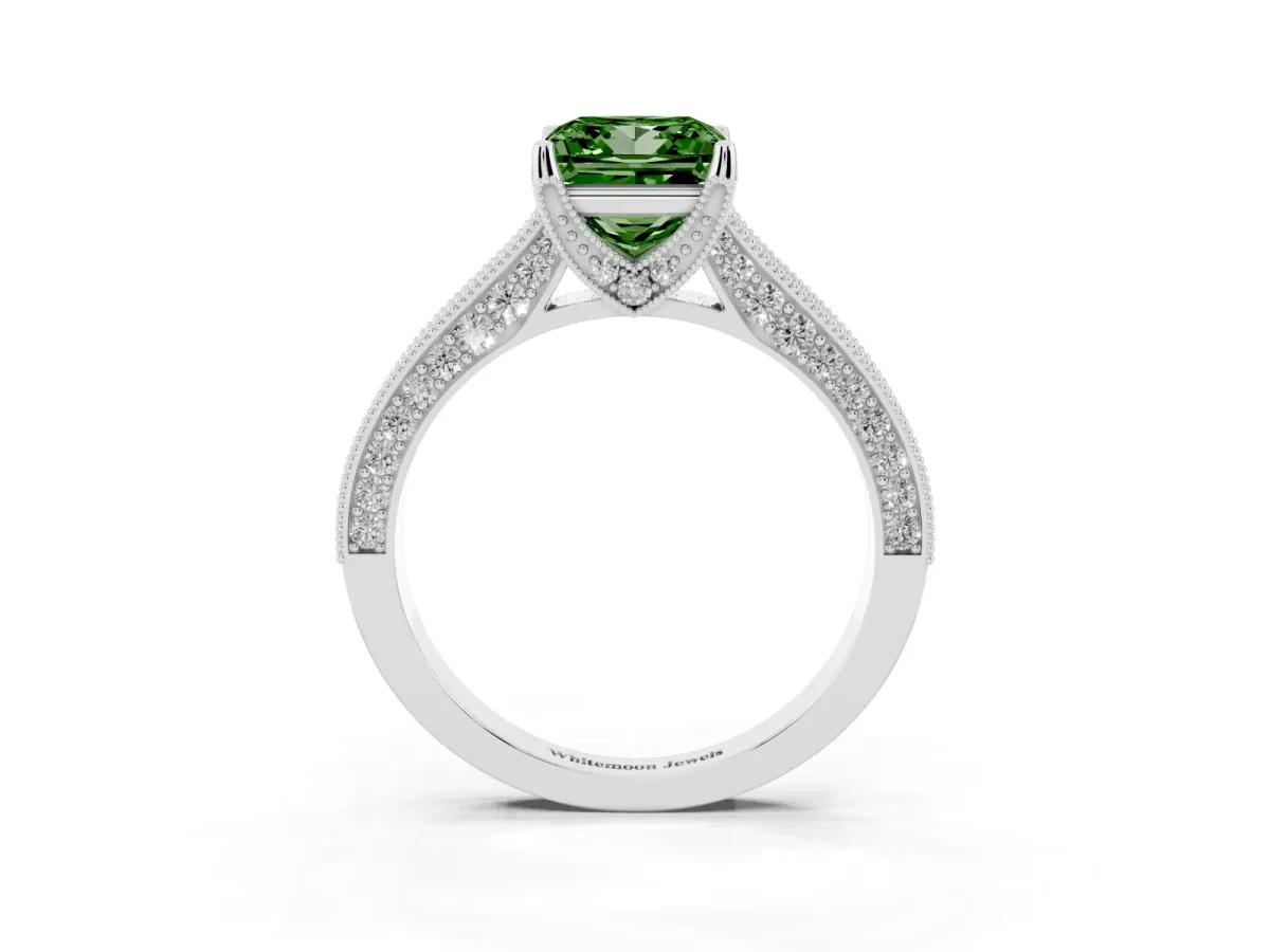 Fancy Green Princess Cut Cut Diamond Solitaire Ring with Milgrain Pave Band and Four Prong Setting Silver
