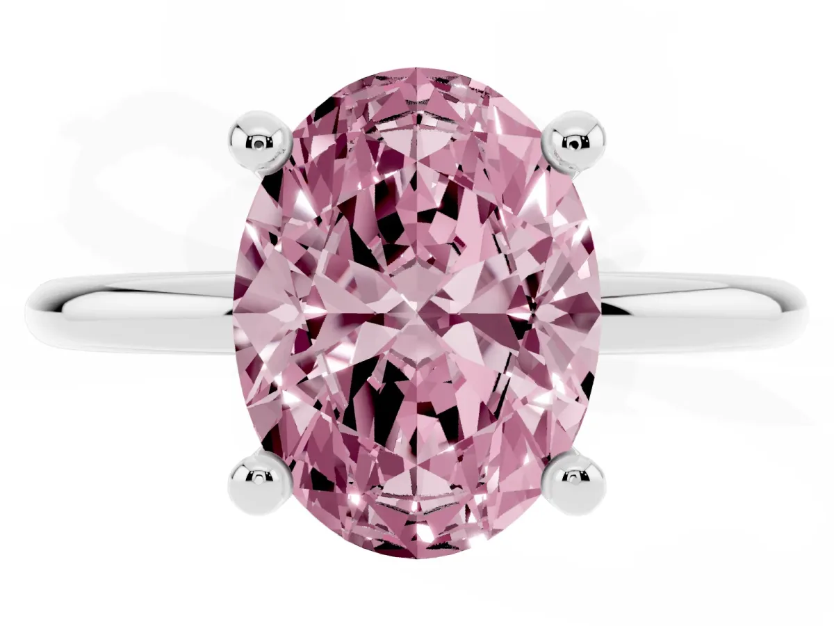 Fancy Pink Oval Cut Solitaire Diamond Ring with 4-Prong Setting on a Classic Band Platinum