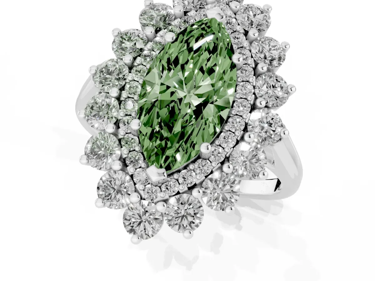 Fancy Green Marquise Cut Diamond Floral Double Halo Engagement Ring with Prong Setting Platinum