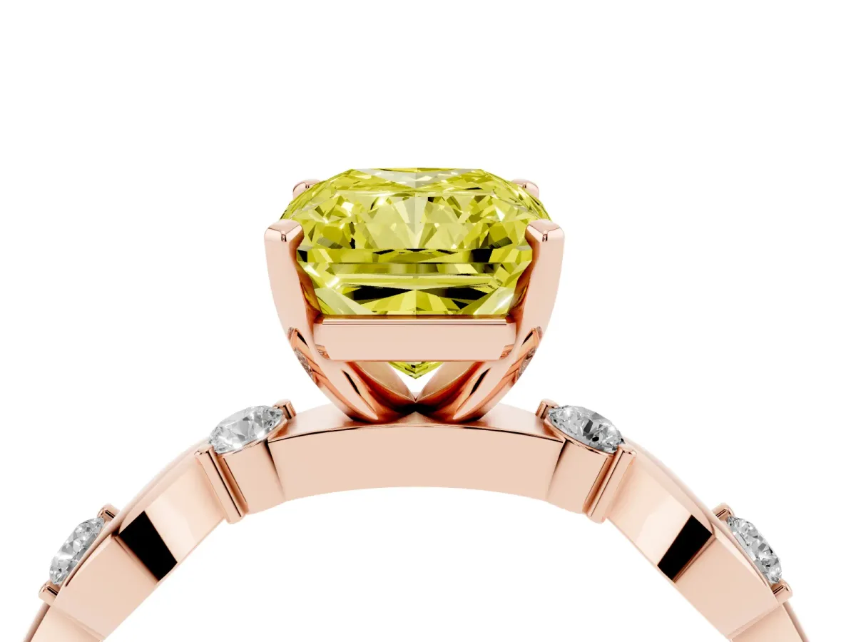 Fancy Yellow Radiant Cut Diamond Solitaire Twisted Band with Round Accents and Prong Setting Rose gold