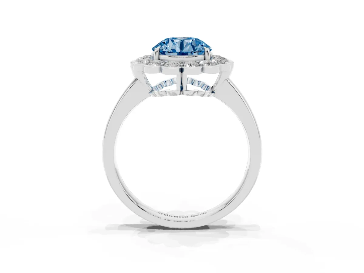 Fancy Blue Round Cut Halo Cluster Diamond Engagement Ring with Solitaire Band and Prong Setting Platinum