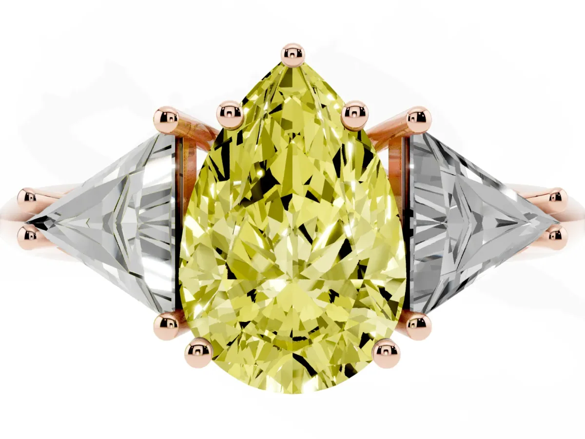Fancy Yellow Three-Stone Pear Cut Diamond Engagement Ring with Trillion Side Stones and Prong Setting Rose gold