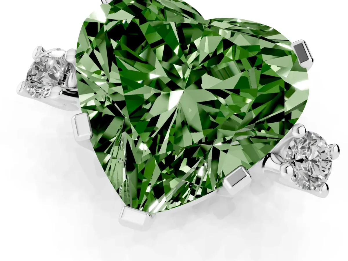Fancy Green Heart Cut Cut Three-Stone Solitaire Ring with Round Accent Diamonds and Four-Prong Setting White gold