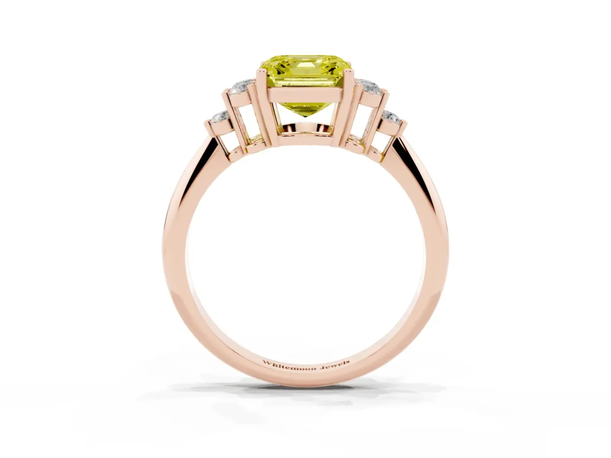 Fancy Yellow Asscher Cut Cut Diamond Cluster Ring with Solitaire Band and Four-Prong Setting Rose gold