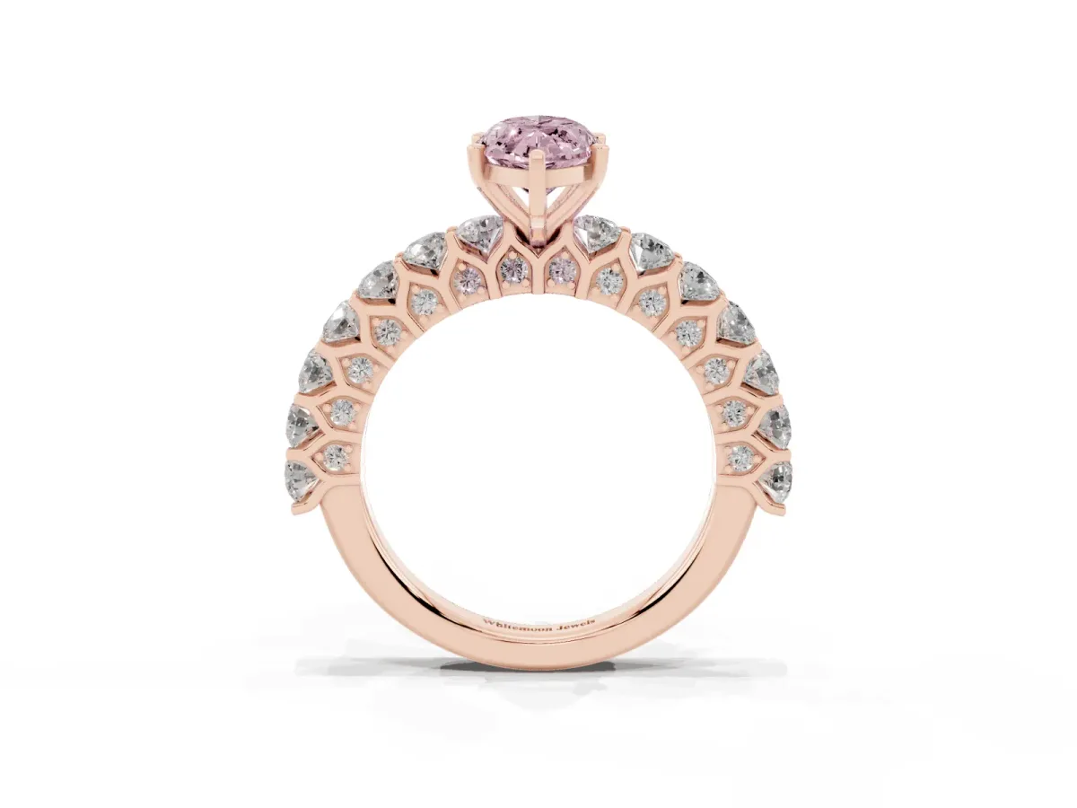 Fancy Pink Marquise Cut Diamond Solitaire Ring with Shared Prong Pavé Band and Four-Prong Setting Rose gold