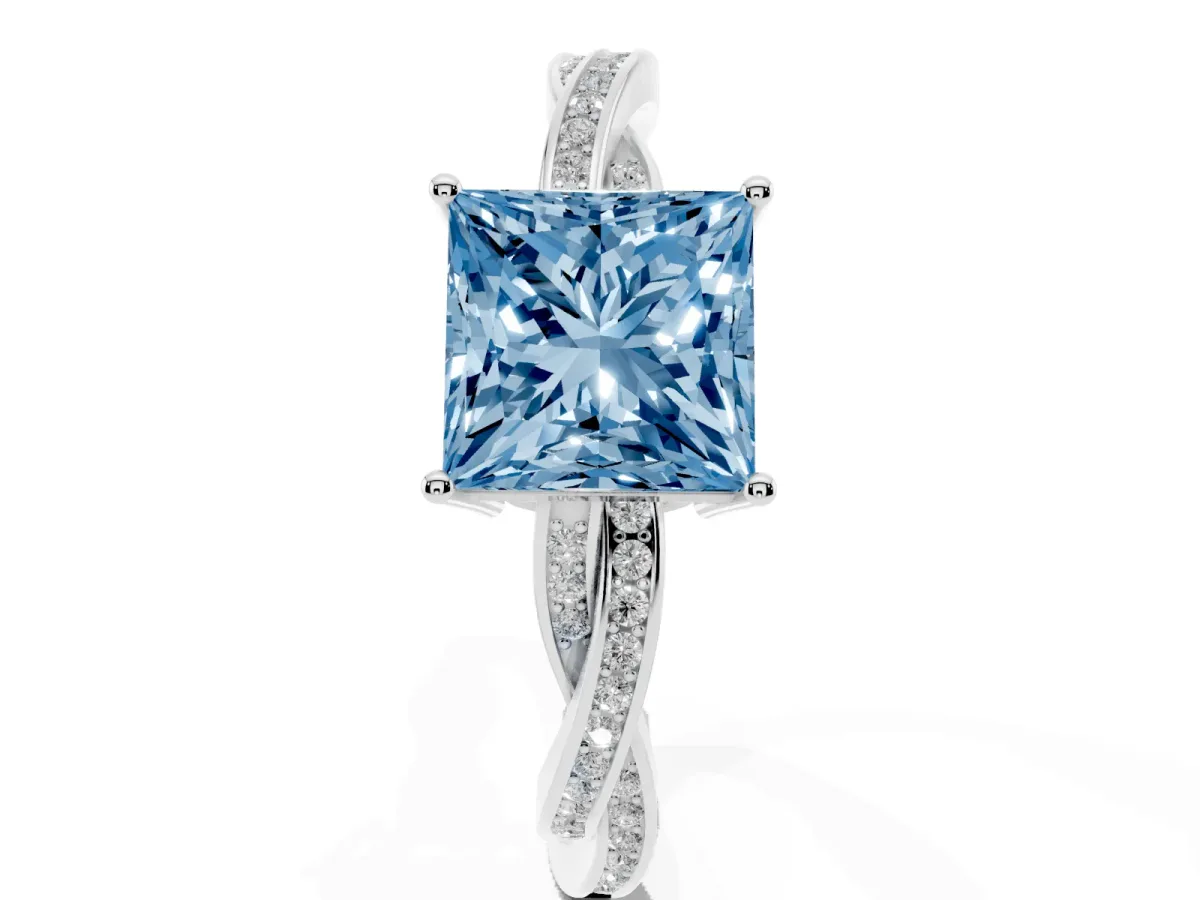 Fancy Blue Princess Cut Solitaire Twisted Pave Diamond Ring with Four-Prong Setting Silver