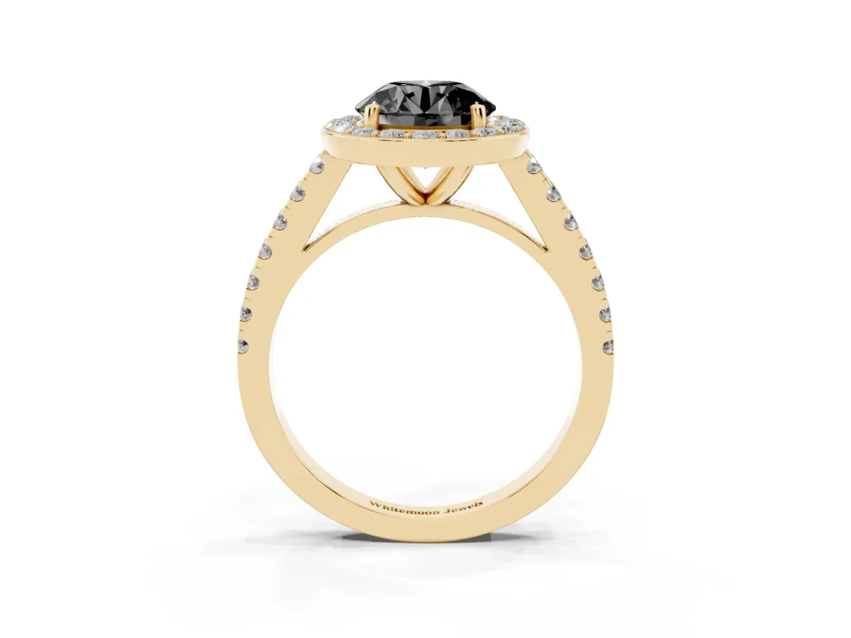 Fancy Black Round Cut Diamond Halo Ring with Round Pavé Split Shank and Prong Setting Yellow gold