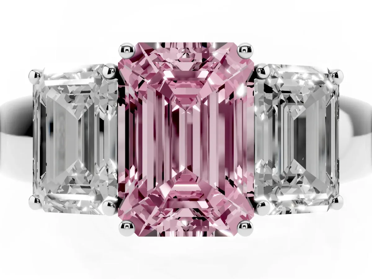 Fancy Pink Three-Stone Emerald Cut Cut Diamond Ring with Prong Setting and Classic Band Platinum