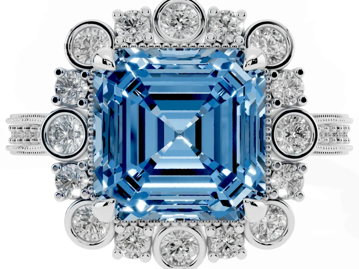 Fancy Blue Asscher Cut Halo Milgrain Pave Diamond Ring with Four-Prong Setting Silver