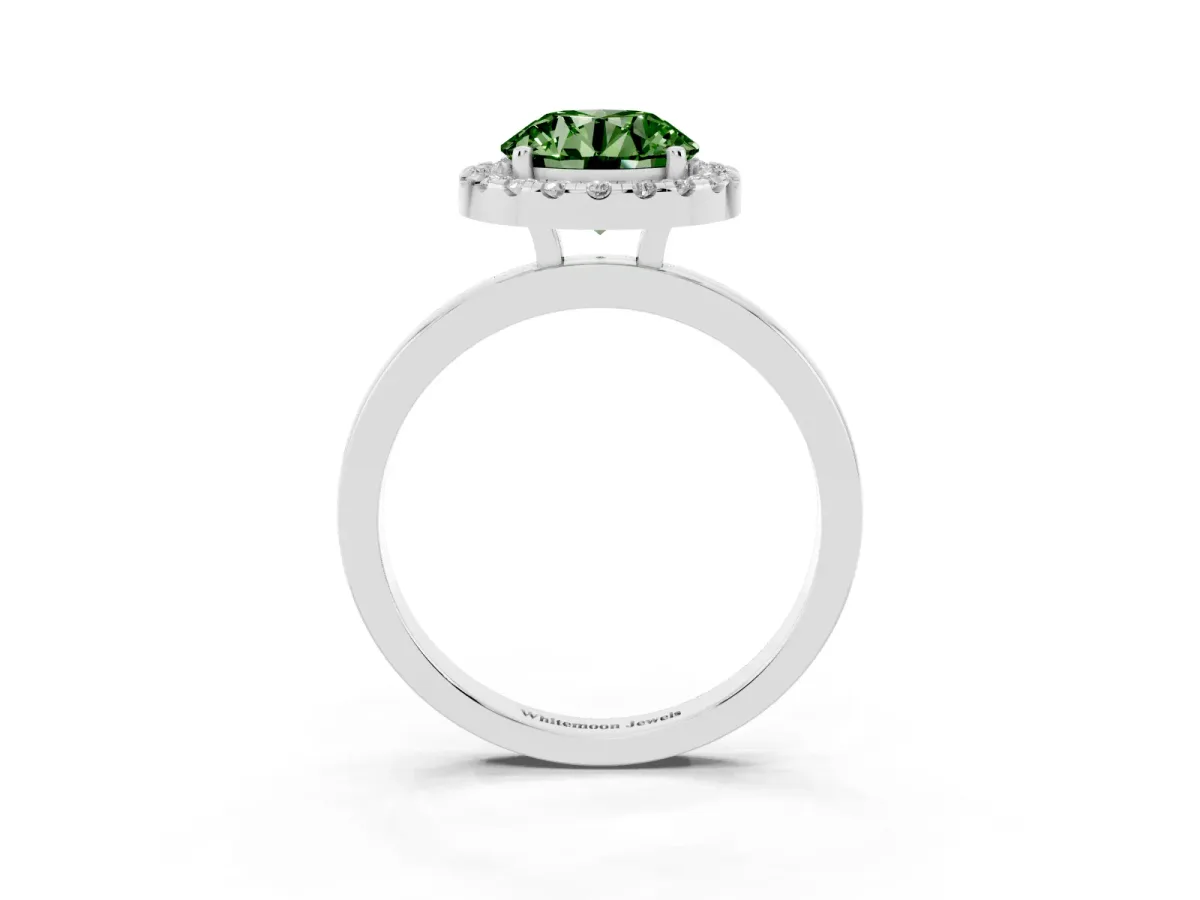 Fancy Green Round Cut Halo Diamond Solitaire with Pavé Band and Four-Prong Setting White gold