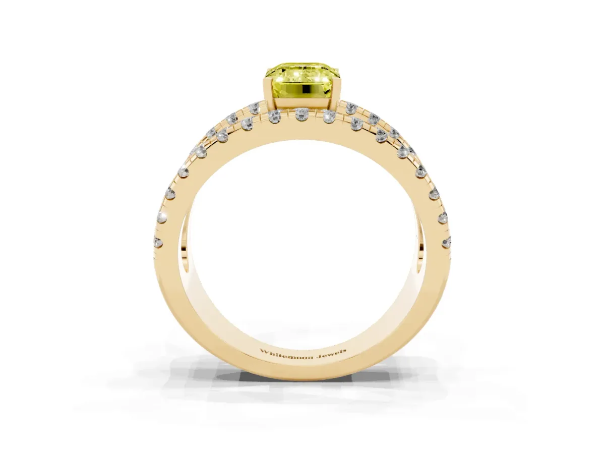 Fancy Yellow Emerald Cut Solitaire Split Shank Pave Diamond Ring Yellow gold