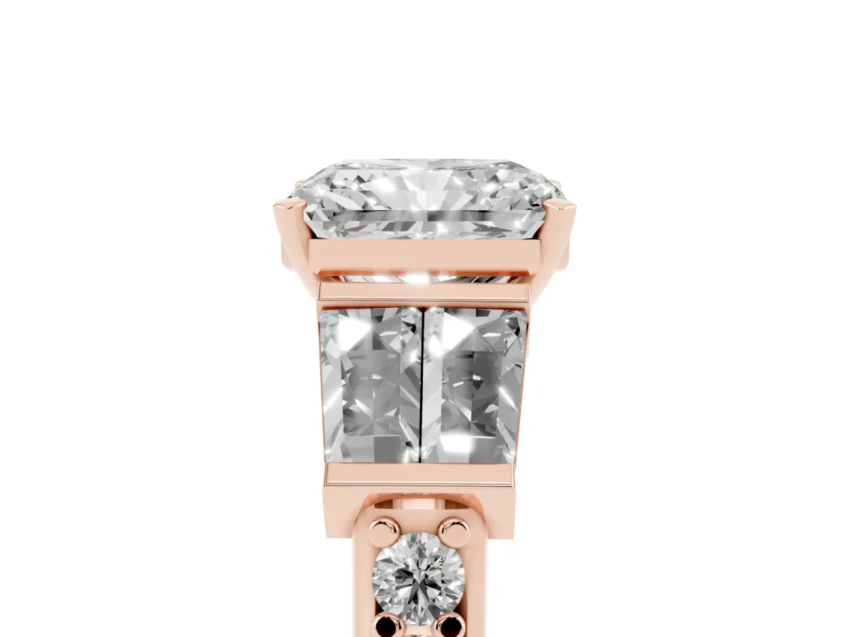 Radiant Cut Diamond Engagement Ring with Baguette Side Stones and Channel Set Band Rose gold