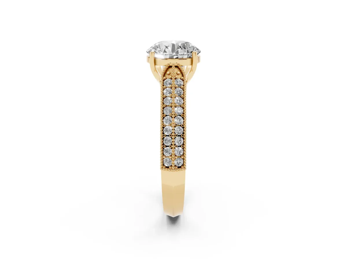 Round Cut Cut Pave Split Shank Engagement Ring with Four-Prong Setting Yellow gold