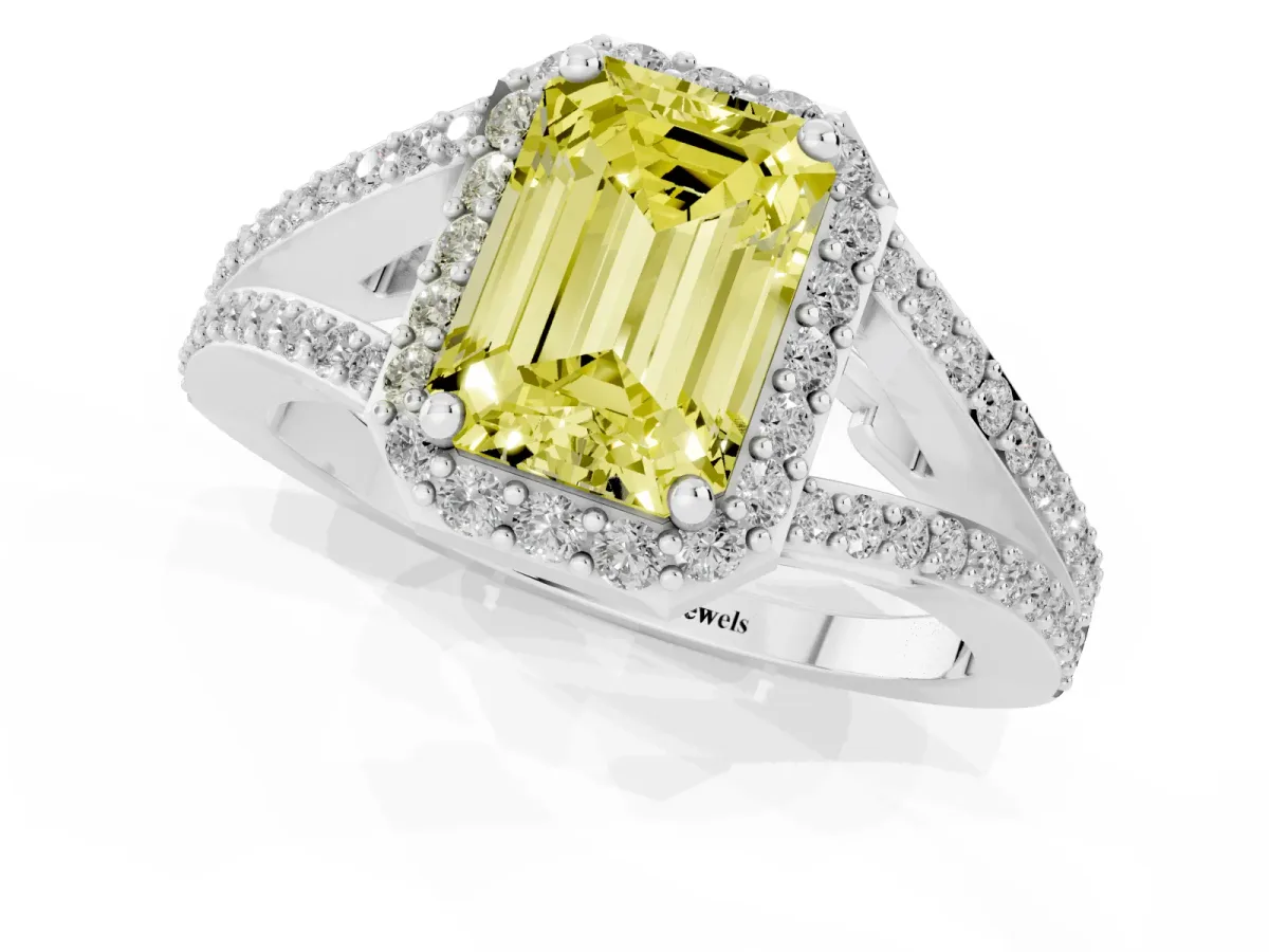 Fancy Yellow Emerald Cut Halo Split Shank Pave Diamond Ring with Four-Prong Setting Platinum