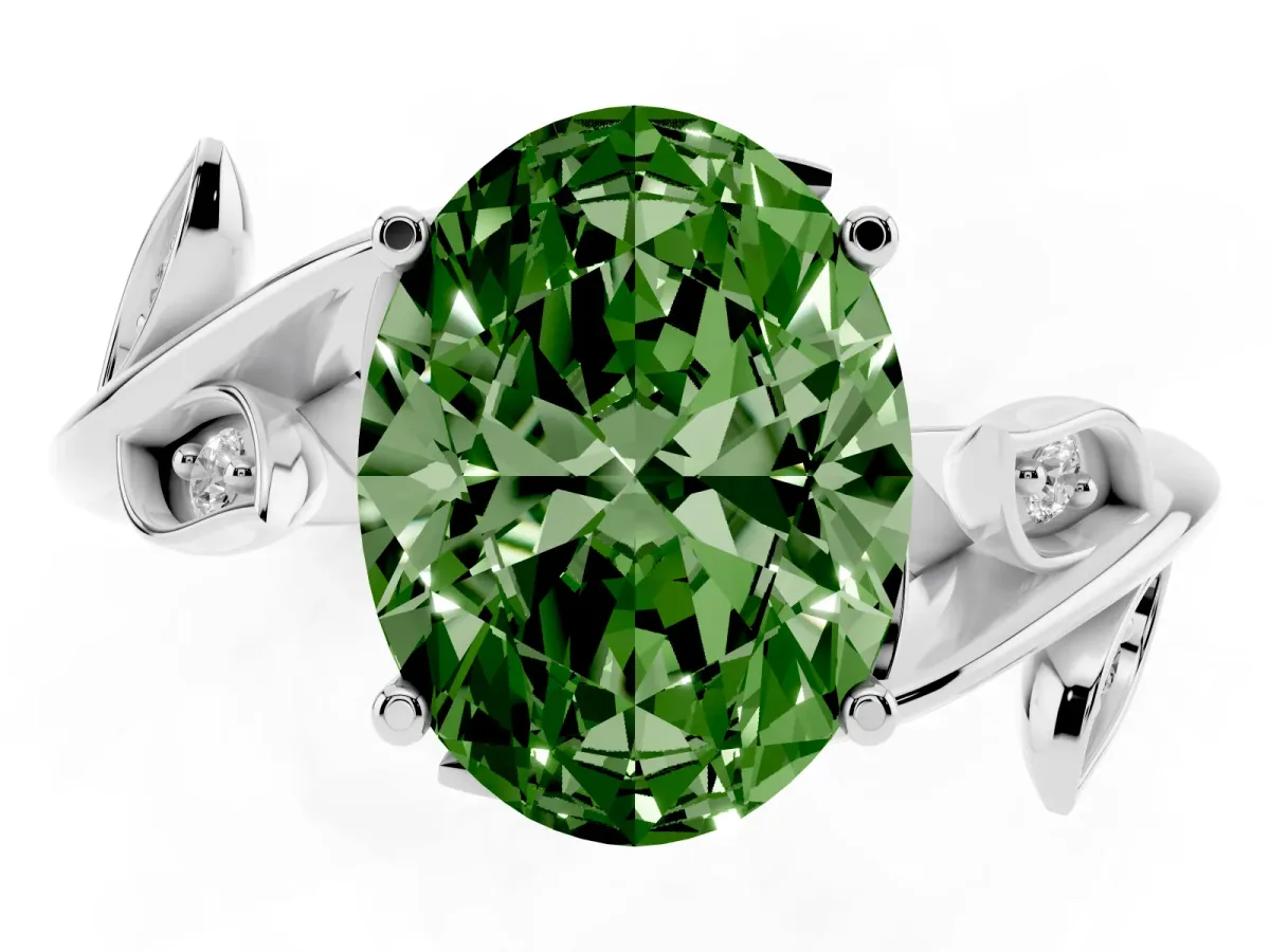 Fancy Green Oval Cut Solitaire Twist Engagement Ring with Leaf Accents and Prong Setting Silver