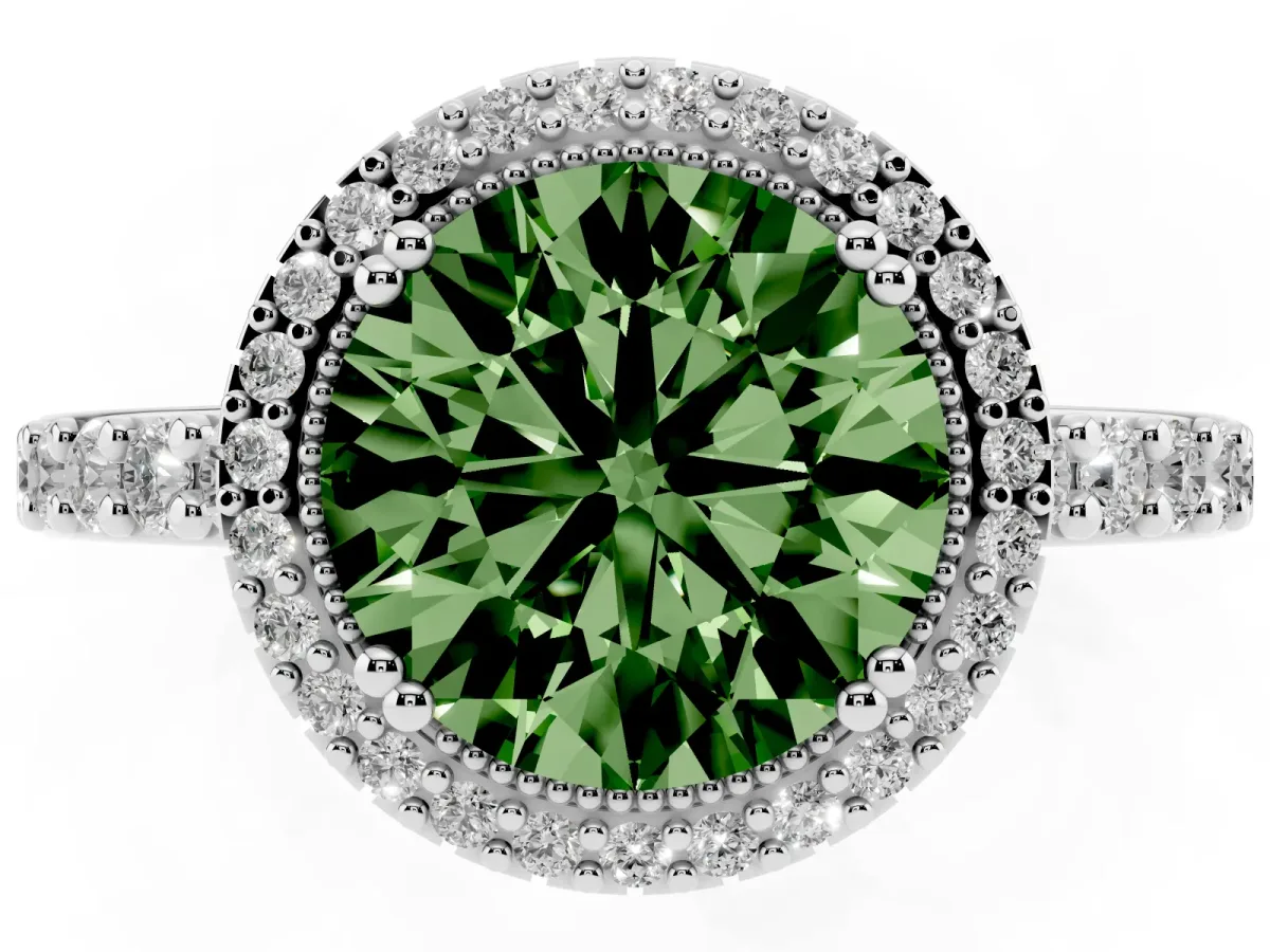 Fancy Green Round Cut Cut Diamond Halo Engagement Ring with Milgrain Detail and Pavé Band Platinum
