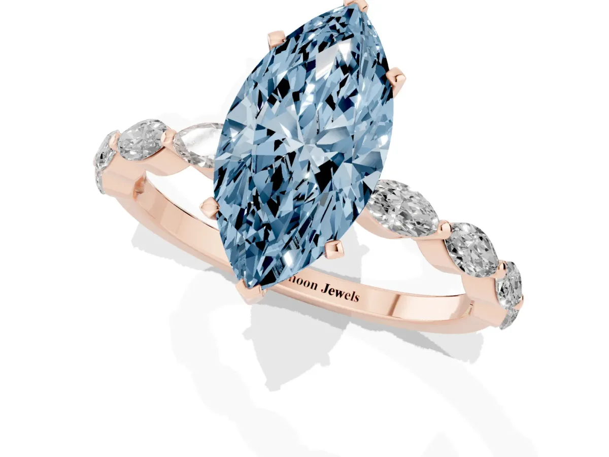 Fancy Blue Marquise Cut Diamond Ring with Marquise Side Stones and Prong Setting Rose gold