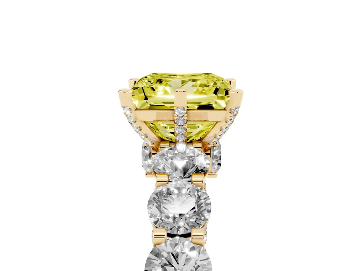 Fancy Yellow Princess Cut Diamond Side Stone Engagement Ring with Four-Prong Setting Yellow gold