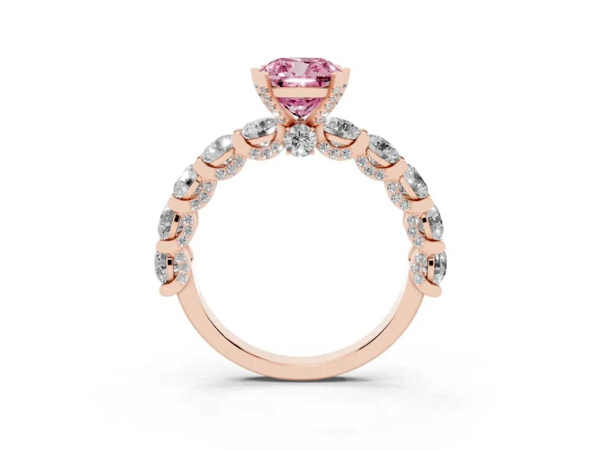 Fancy Pink Cushion Cut Diamond Side Stone Engagement Ring with Four-Prong Setting Rose gold