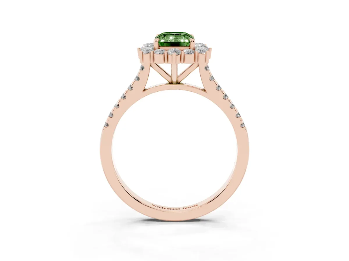 Fancy Green Emerald Cut Halo Diamond Ring with Pavé Band and Prong Setting Rose gold