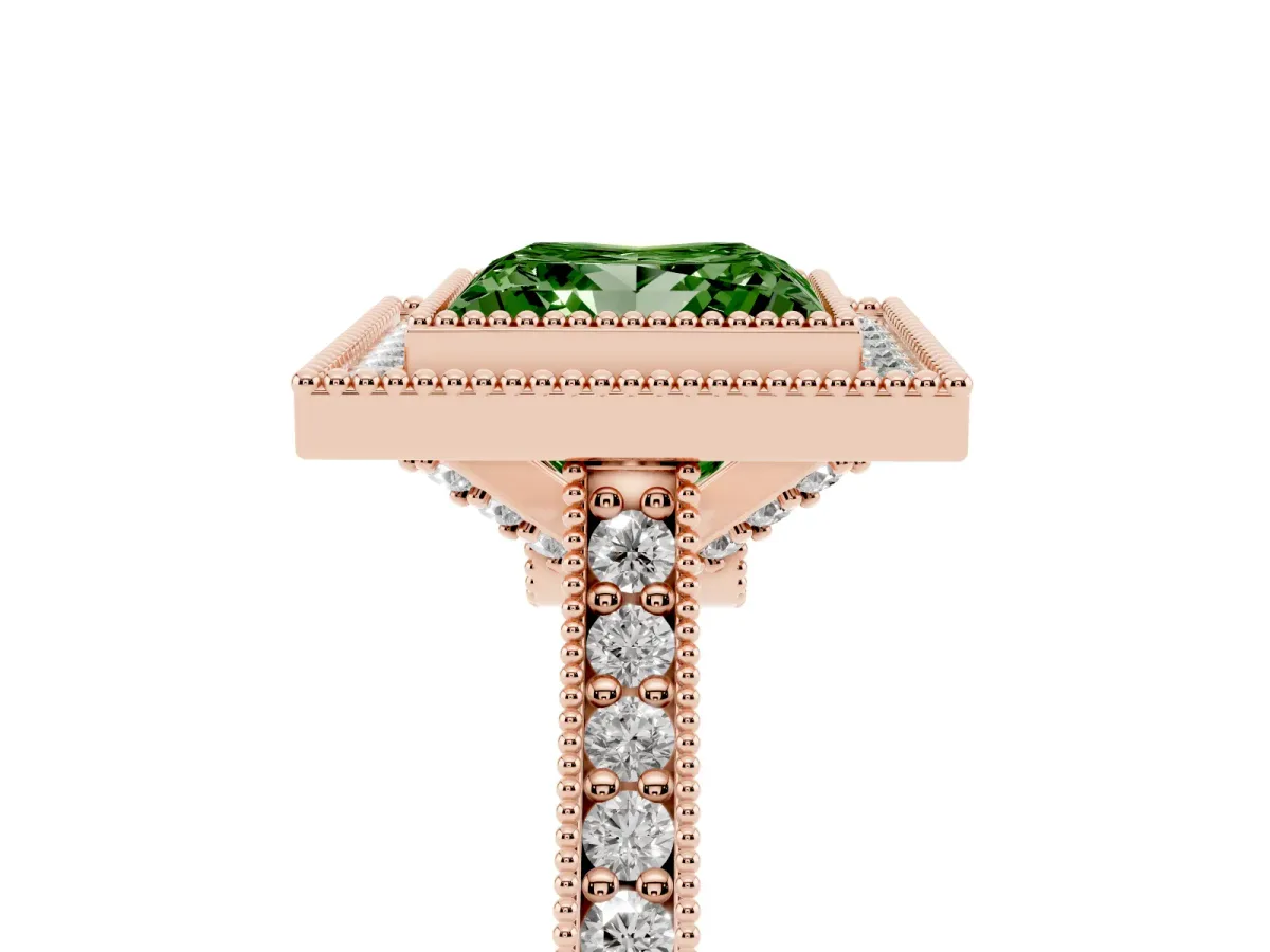 Fancy Green Halo Princess Cut-Cut Diamond Pave Band Milgrain Prong Setting Ring Rose gold