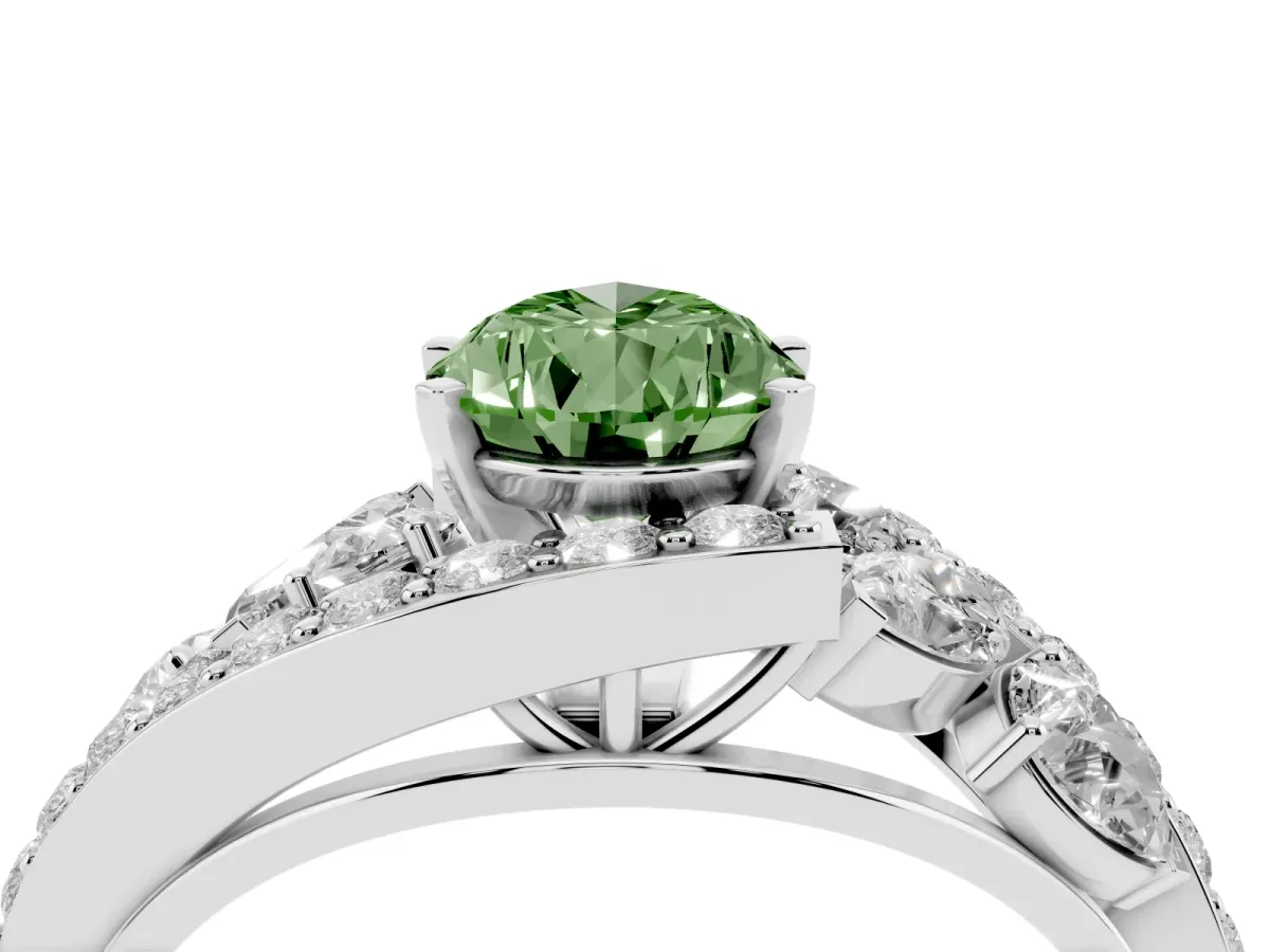 Fancy Green Pear Cut Diamond Halo Ring with Marquise and Pavé Band in Prong Setting Silver