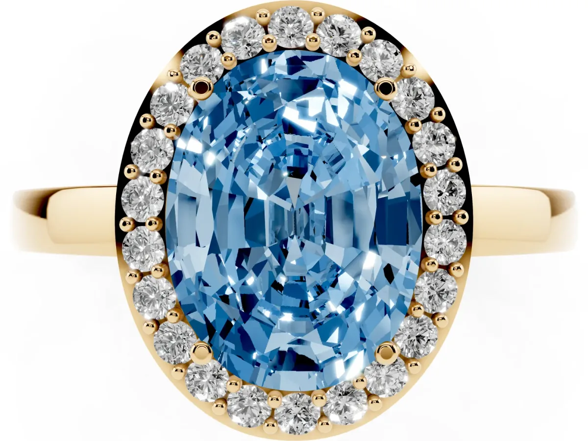 Fancy Blue Oval Cut Halo Diamond Ring with Solitaire Band and Prong Setting Yellow gold