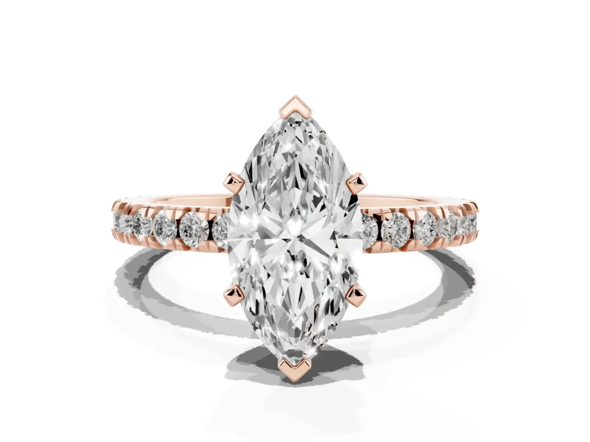 Marquise Cut Diamond Pavé Band Solitaire with Four-Prong Setting Rose gold