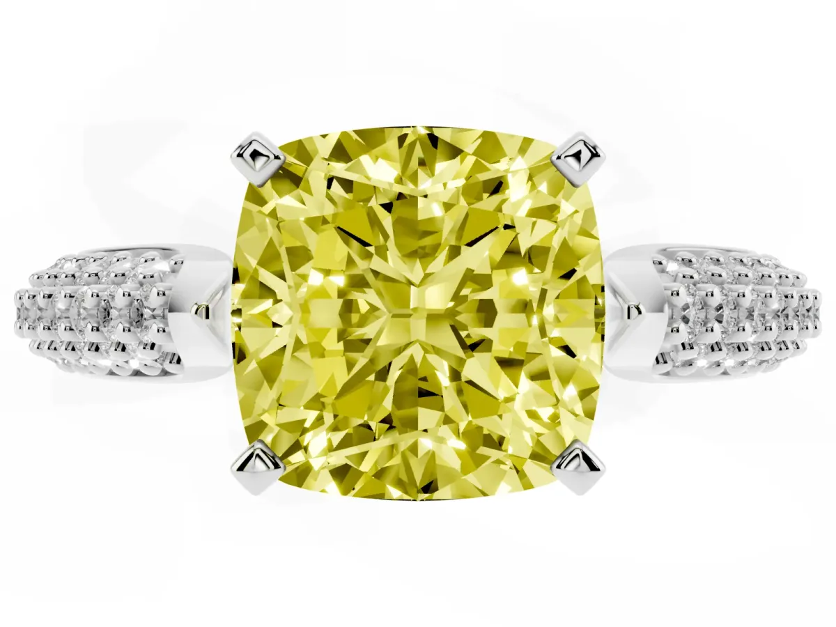 Fancy Yellow Cushion Cut Diamond Solitaire Engagement Ring with Multi-Row Round Pavé Band and Prong Setting Silver