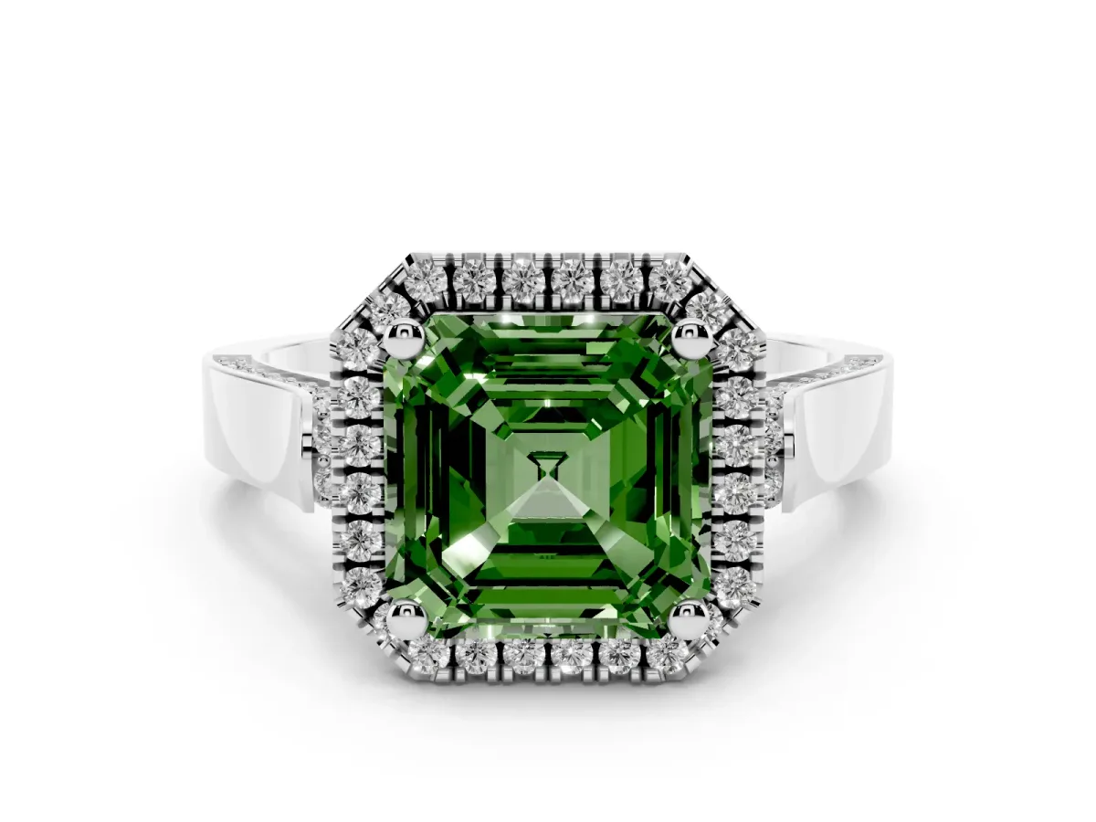 Fancy Green Asscher Cut Halo Pave Split Shank Prong Setting Ring White gold