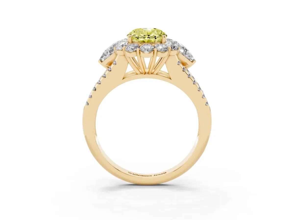 Fancy Yellow Oval Cut Halo Split Shank Diamond Engagement Ring with Prong Setting Yellow gold