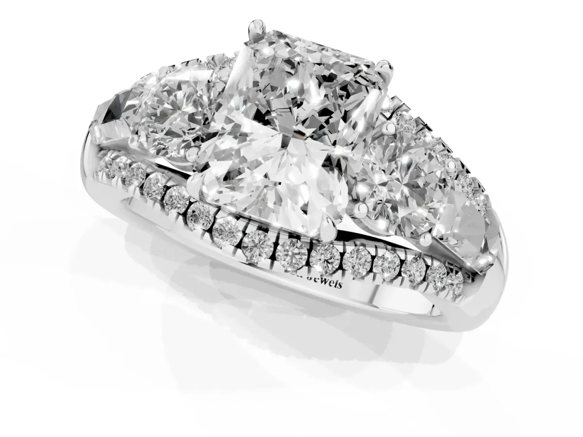 Three-Stone Radiant Cut Diamond Engagement Ring with Pave Band and Prong Setting Silver
