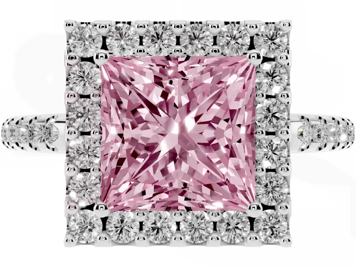Fancy Pink Princess Cut Diamond Pavé Halo Ring with Four-Prong Setting Silver