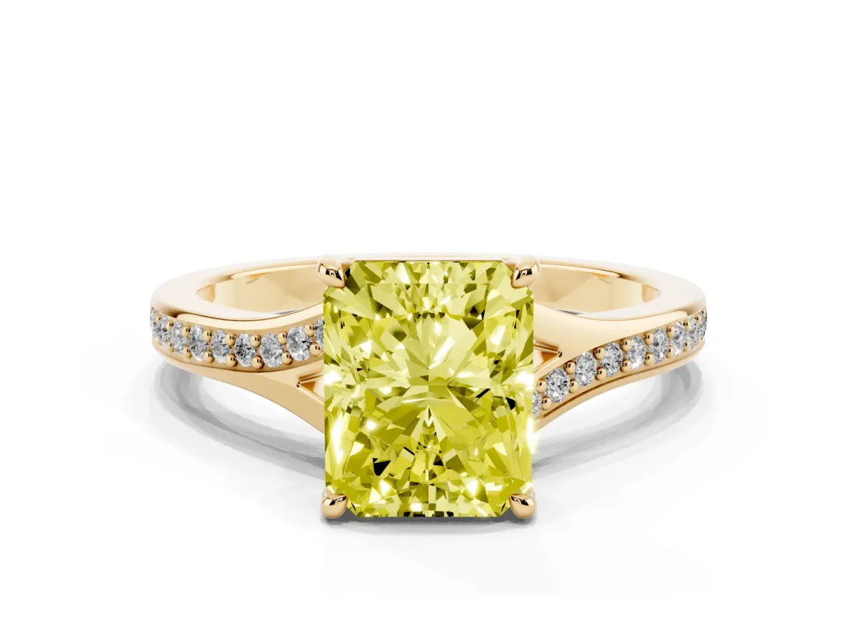 Fancy Yellow Radiant Cut Diamond Solitaire Ring with Pavé Band and Prong Setting Yellow gold