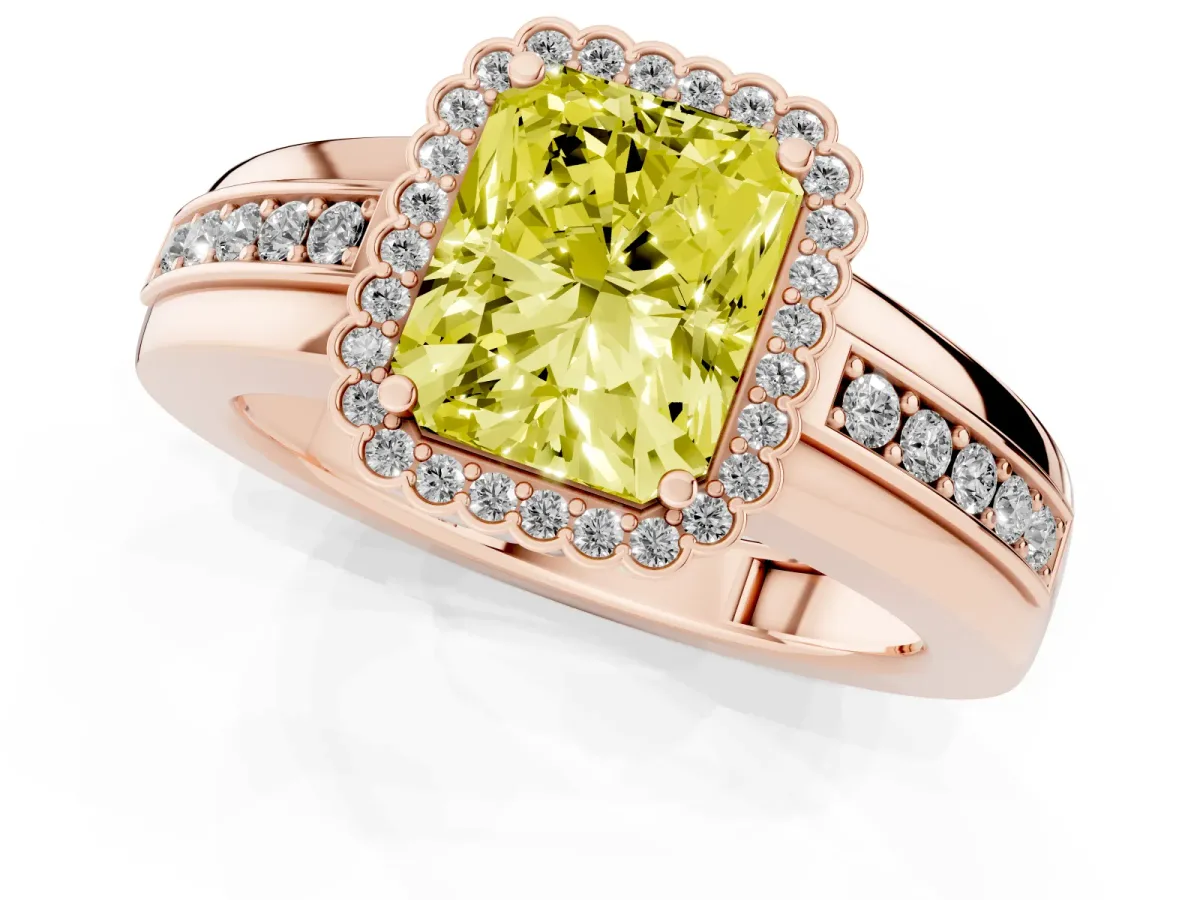 Fancy Yellow Radiant Cut Cut Halo Pave Band Four-Prong Ring Rose gold