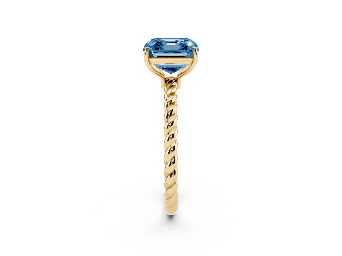 Fancy Blue Asscher Cut Solitaire Twisted Band 4-Prong Ring Yellow gold