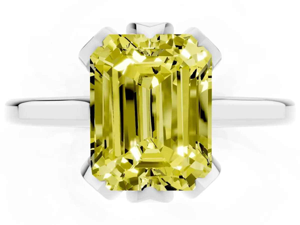Fancy Yellow Emerald Cut Diamond Solitaire Ring with Flower Prong Setting and Classic Band Silver